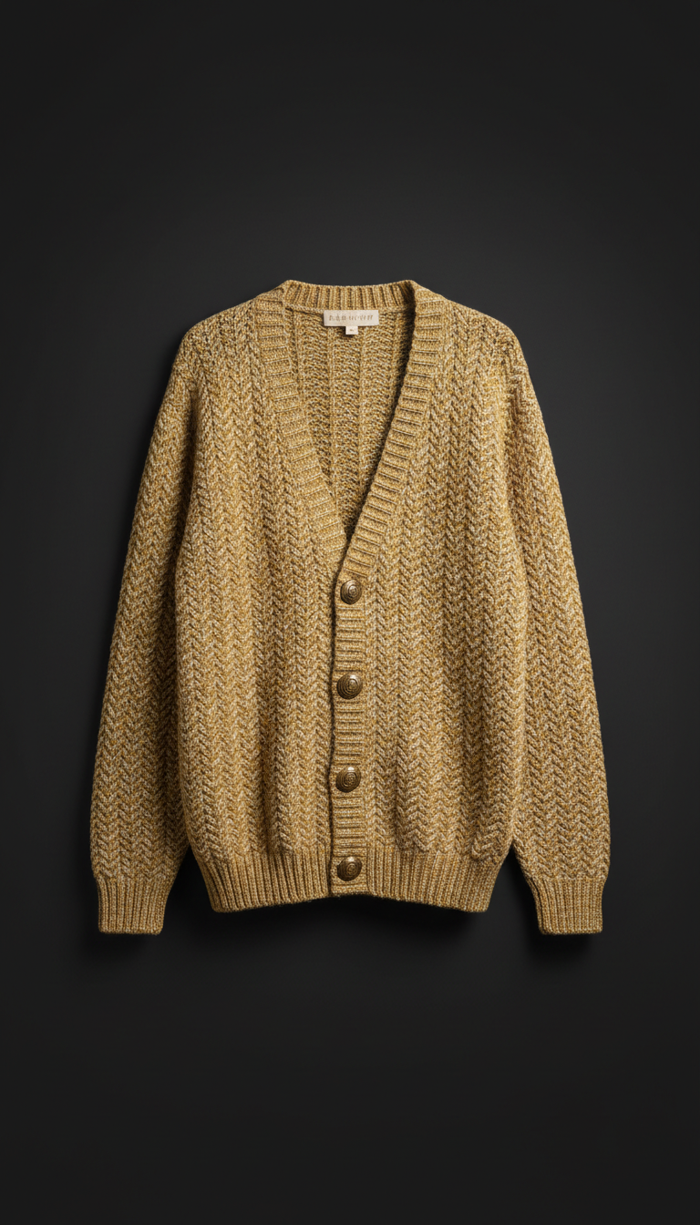 Vintage Gold-Buttoned Textured Cardigan